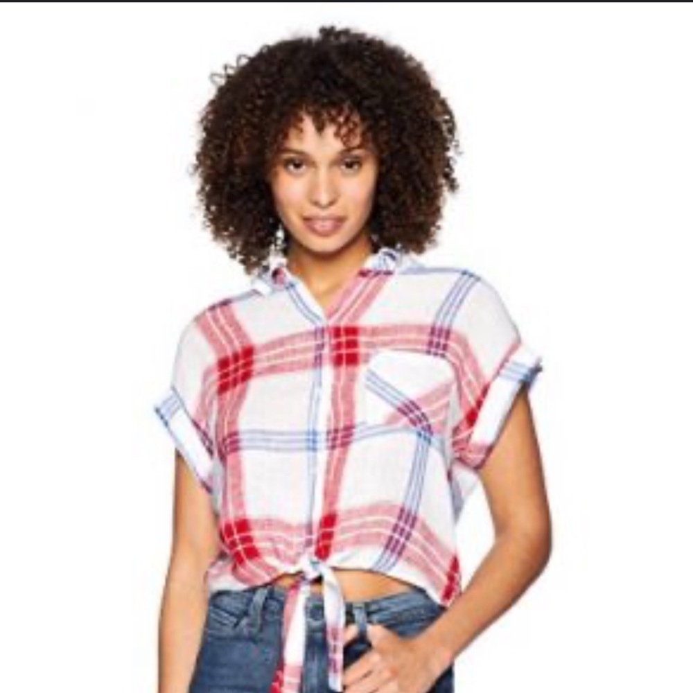 RAILS PLAID CROPPED TIE SHIRT AMELIE‎ CARMINE BLUE WHITE JULY 4 IVY LEAGUE PREP - Picture 2 of 12